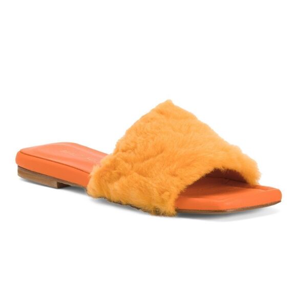 BEAUTIISOLES Faux Fur Sofie Slide Orange Shearling Leather 7.5 NIB - Picture 1 of 11